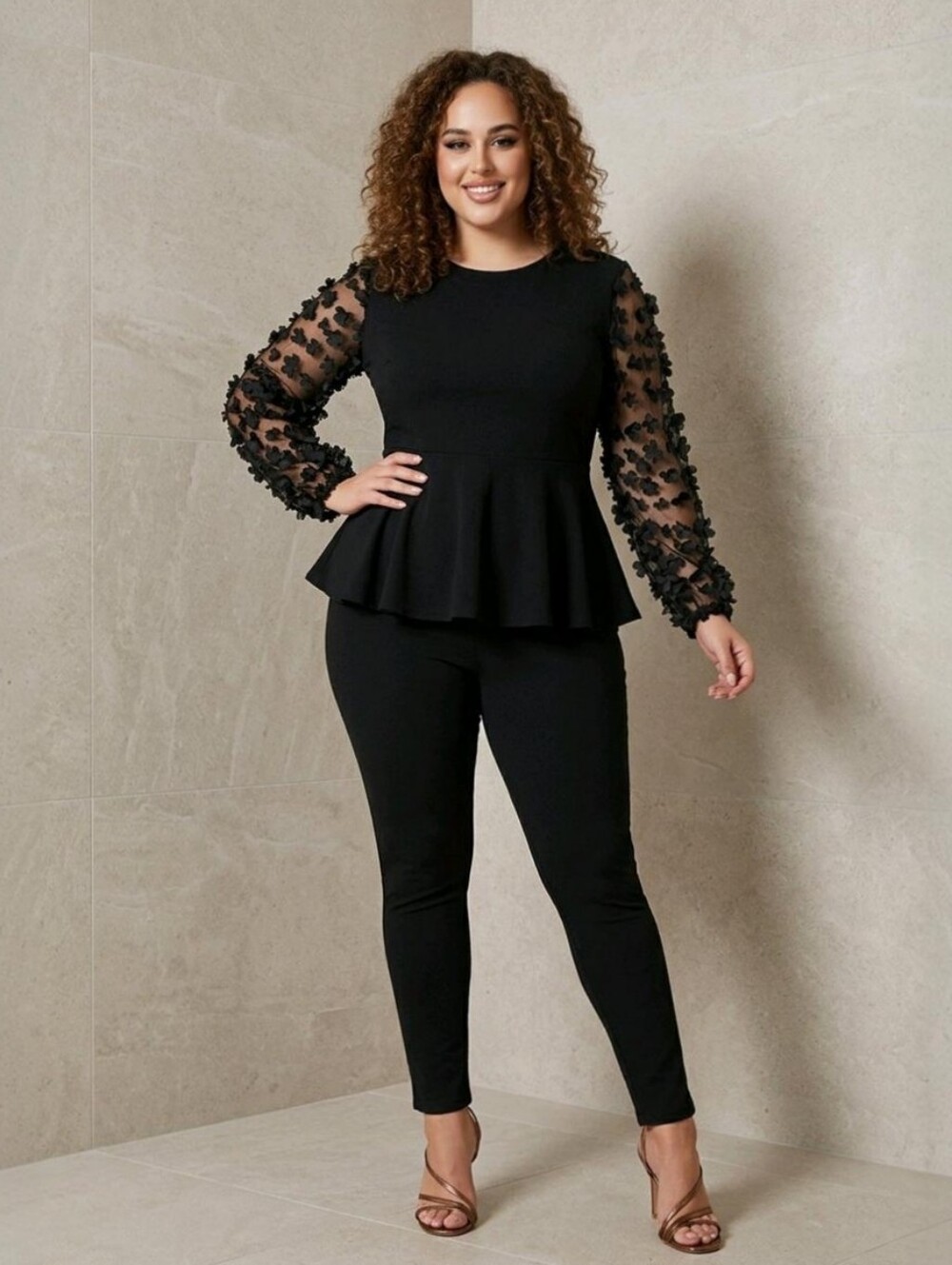 SHEIN Plus Black Two-Piece Set Peplum Top Floral 3D Sleeve Skinny Pants NWT 4XL